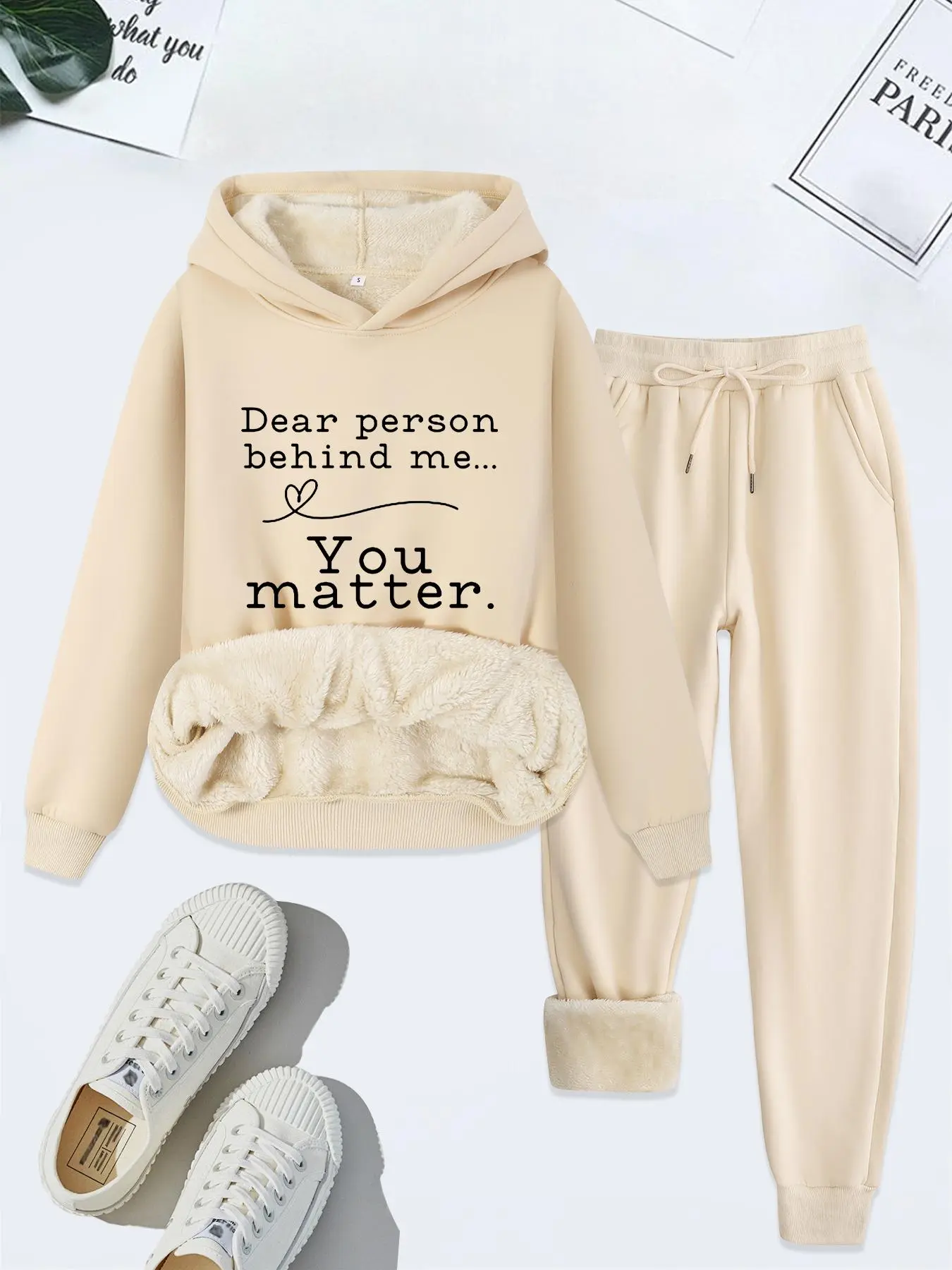 Women's Letter & Heart Print Thermal Lined Hoodie & Drawstring Waist Pants Two-piece Set, Casual Long Sleeve Hooded Pullover & Pocket Trousers for Fall & Winter, Women's Clothes for Daily Wear