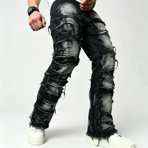 Stacked Men's jeans Fashion Streetwear HipHop Patch Spliced Men Straight Jeans Distressed Male Slim Biker Denim Pants Menswear Trouser Midrestock