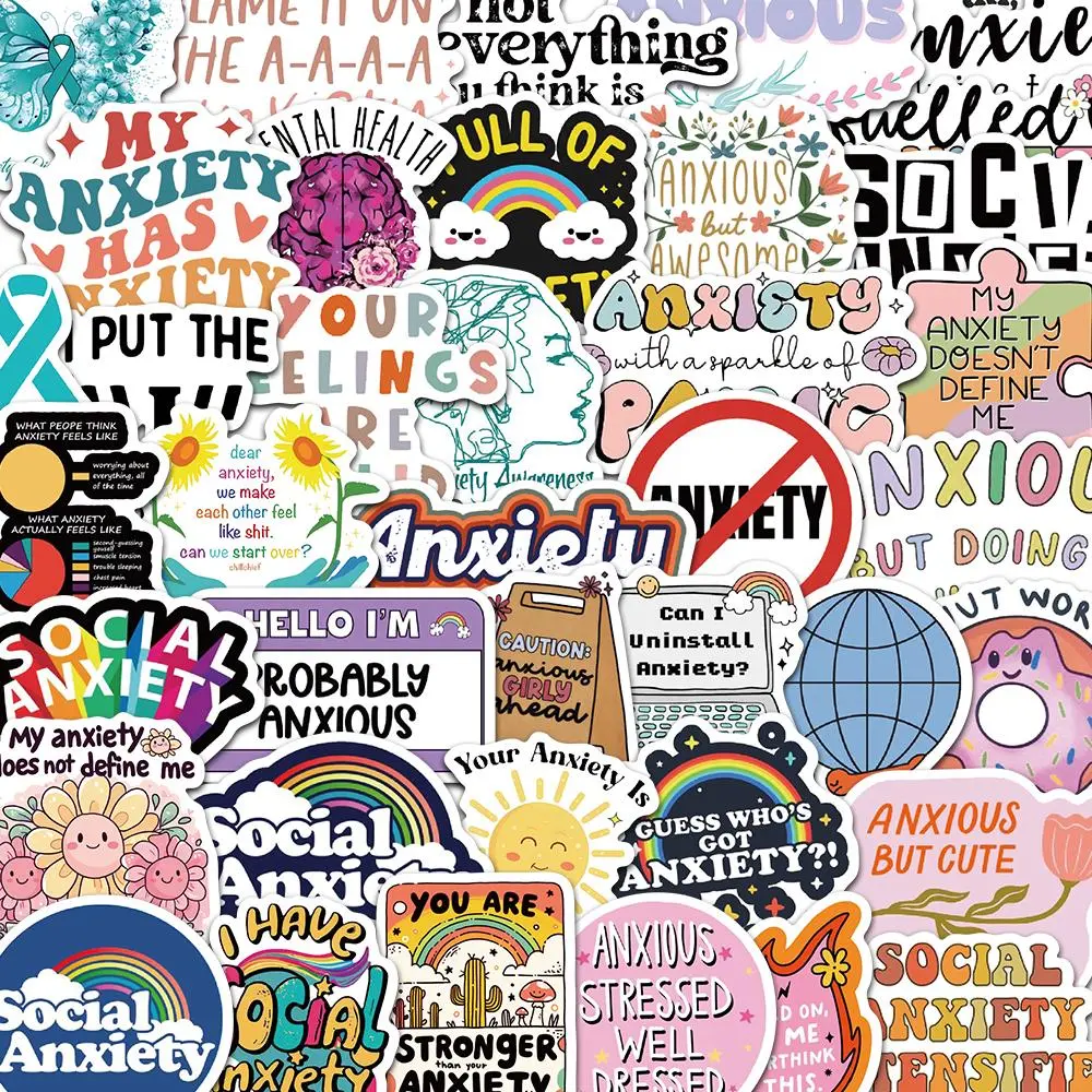 Anxiety Sensory Sticker, 50pcs/set Creative Anxiety English Decorative Sticker, DIY Decals for Water Bottle, Laptop, Phone Case, Scrapbooking, Journal, Accessories
