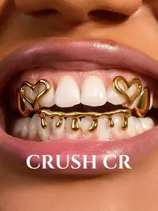 CRUSH CR 3pcs Heart & Drip Tooth Cap Grillz – 14/18K Gold Plated Copper, Romantic Hip-Hop Jewelry for Black Women, Girls & Men. Perfect for Hallween Valentine’s Day, Date Night, Couple Gifts & K-Pop Style, Tooth Gems