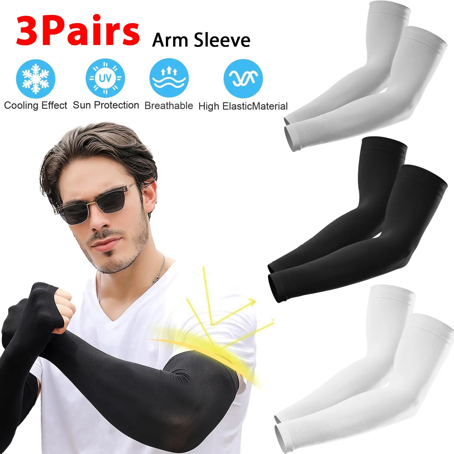 3Pairs Cooling Arm Sleeve for Men Women,Outdoor Breathable Sun Protection Sport Sleeves for Running Cycling,Climbing (Black Gray White)