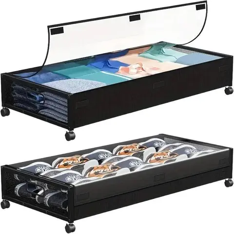 2-Pack Black Clothing Storage Organizer Boxes - Rectangular Under Bed Containers with Rolling Wheels, Dustproof Lids, Drawers, Bedroom Home Storage Organization Solutions