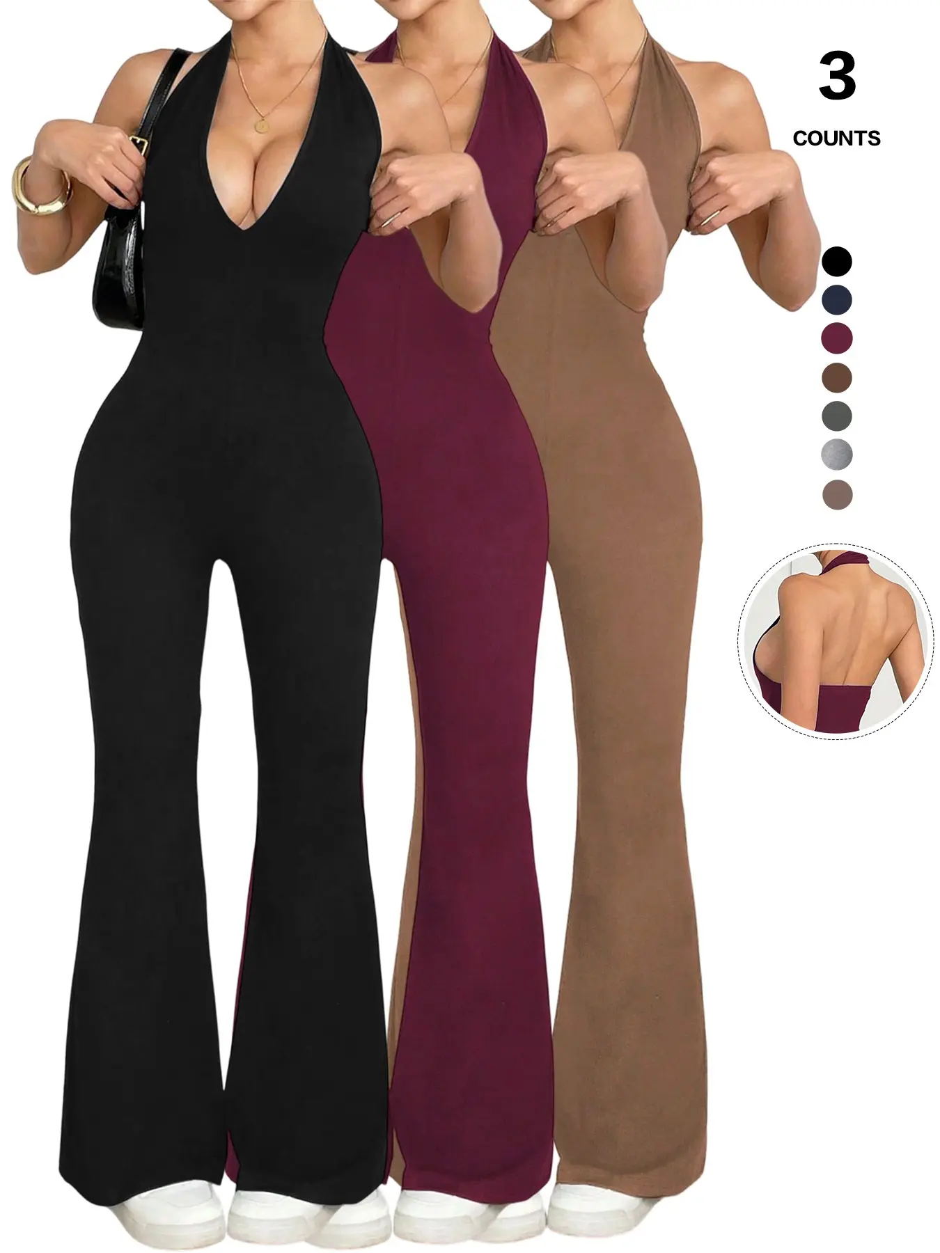 Women's Halter Neck Jumpsuit, Sleeveless Deep V Backless Chic Minimalist Style Design, Flare Leg Romper for Casual Wear Fit, Womenswear