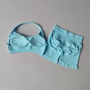 DFyne Impact Halter Neck Women's Workout Set - High-Waisted Peach Hip Shorts with High Stretch Tummy Control & Butt Lifting Quick-Dry for Yoga Gym & Fitness