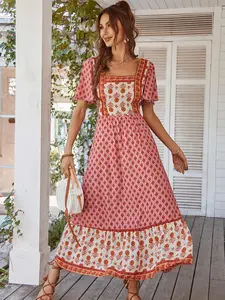 Women's Bohemian Ethnic Pattern Floral Butterfly Sleeve A Line Dress, Boho Fashion Square Neck Short Sleeve Long Dress for Daily Holiday Vacation Wear, Ladies Dress for Summer, Bohemian Casual Dress