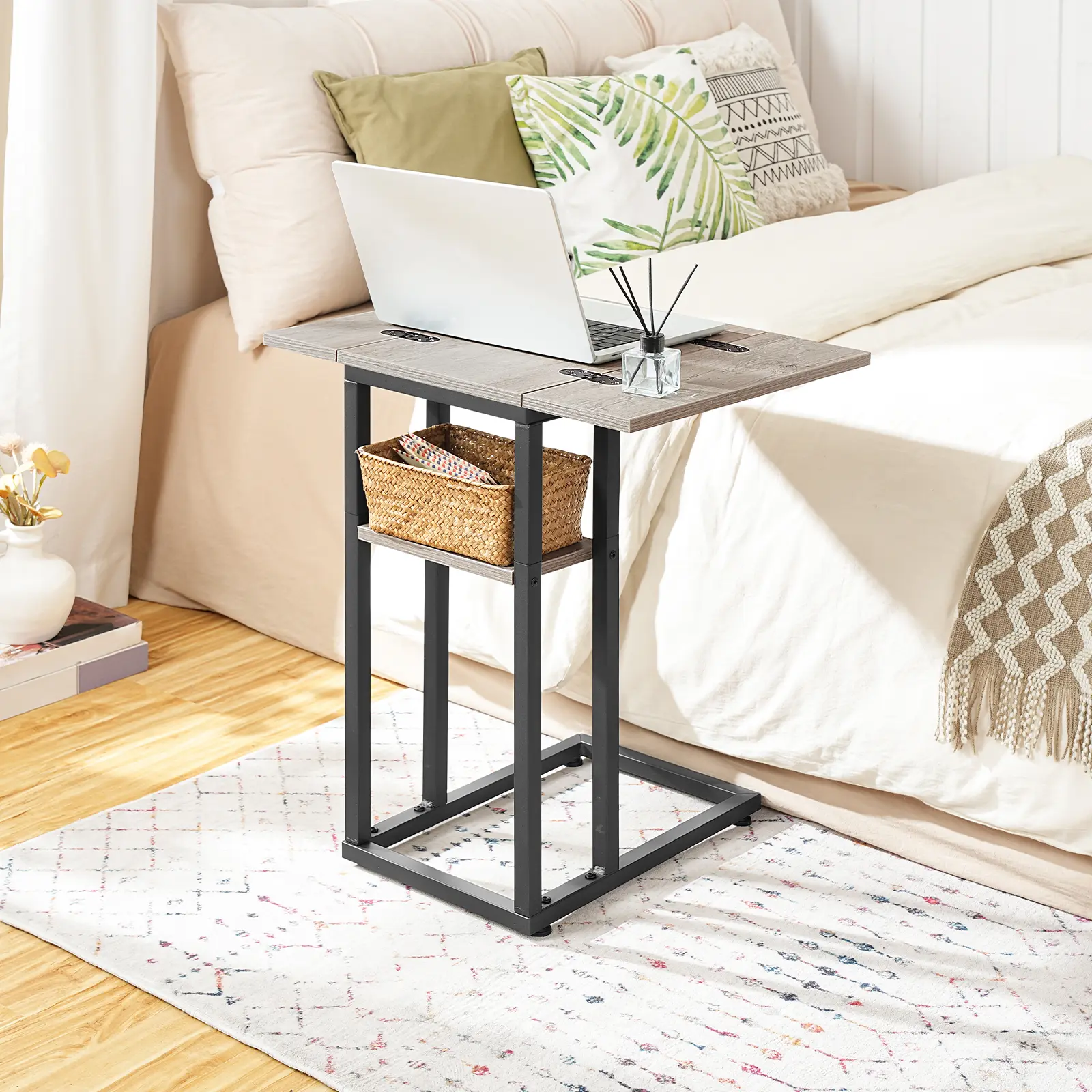 HOOBRO Foldable End Table, C Shaped Side Table with Storage Shelf, Small Snack Table Suitable for Living Room, Bedroom, Small Spaces, Easy Assembly, Grey and Black Stand Furniture Adjustable Feet #SummerVibes