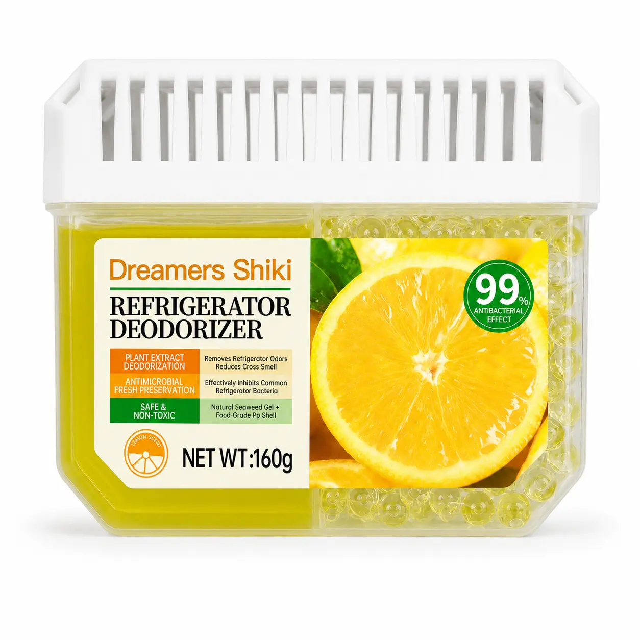Refrigerator Deodorizer, Lemon-Scented Gel & Beads Fridge Odor Absorber with Vented Cover, 160g, 1 Pack by Dreamers Shiki