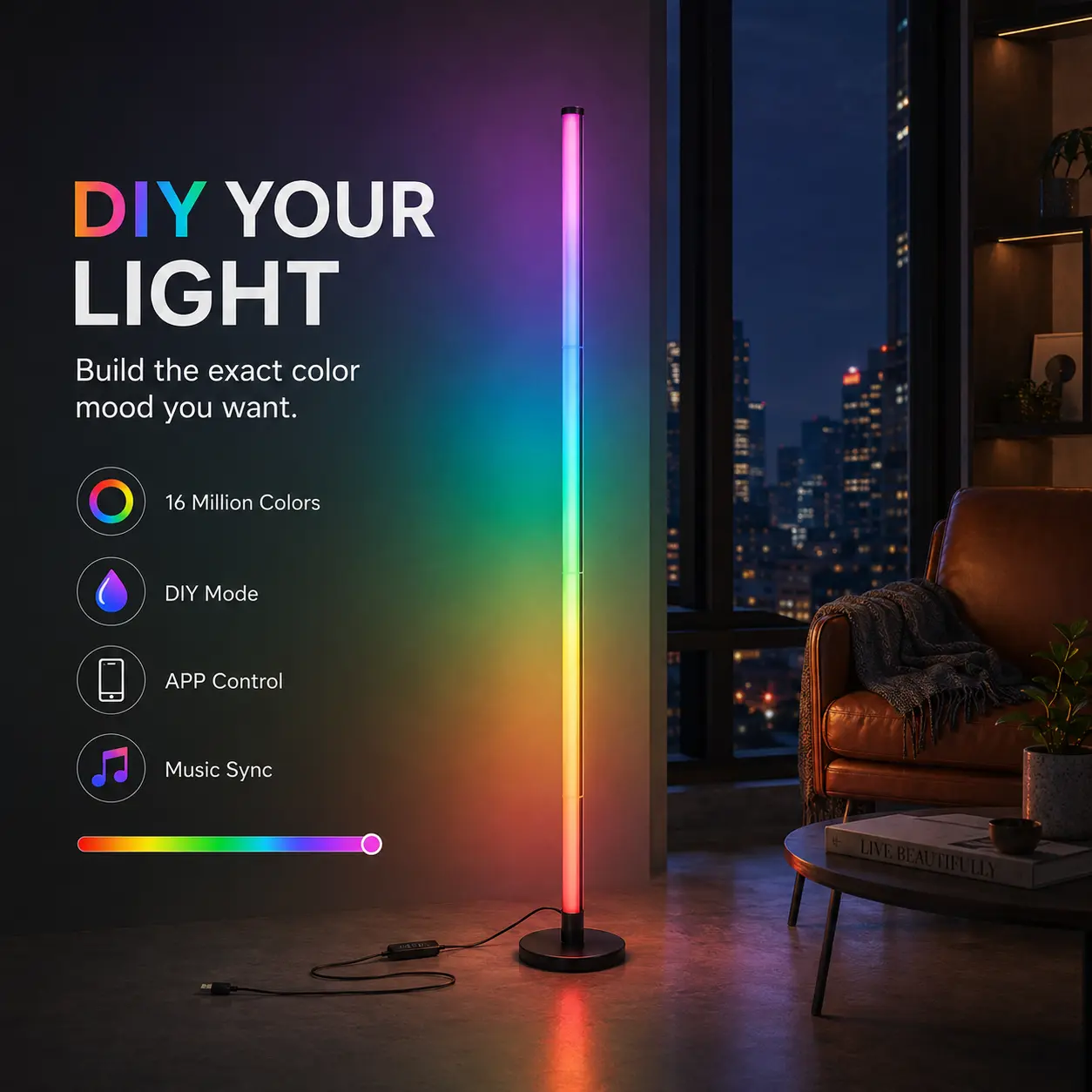 Smart RGBIC LED Corner Floor Lamp, App & Remote Controlled Color Changing Mood Light, Minimalist Standing Lamp for Gaming Setup, Bedroom and Home Office