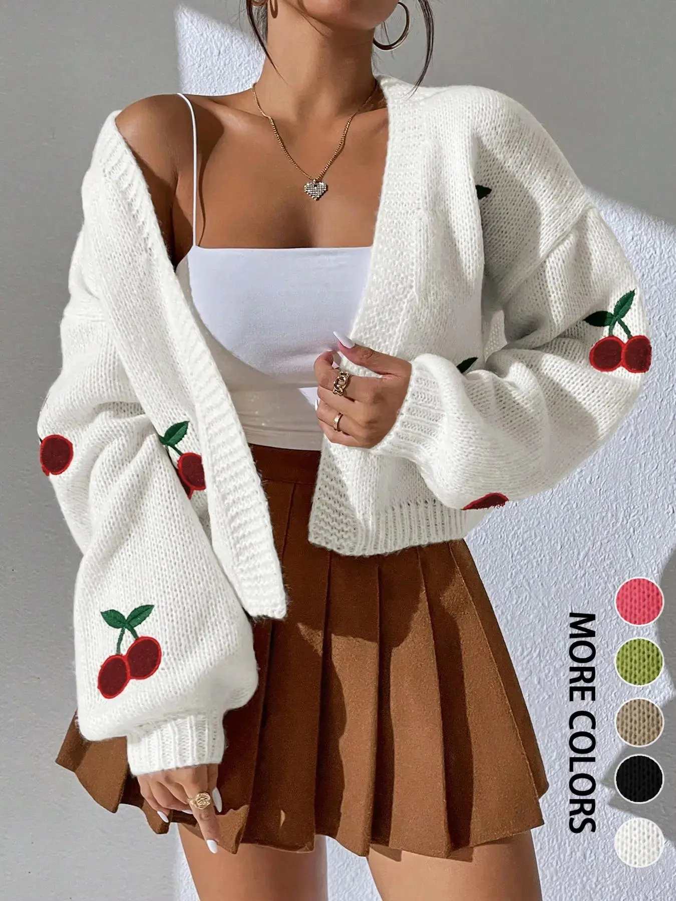 Women's Cherry Embroidery   Sweater Cardigan, Casual Long Sleeve Open Front Knit Cardigan for Spring & Fall, Fashion Women's Knit Clothing for Daily Wear, Tops