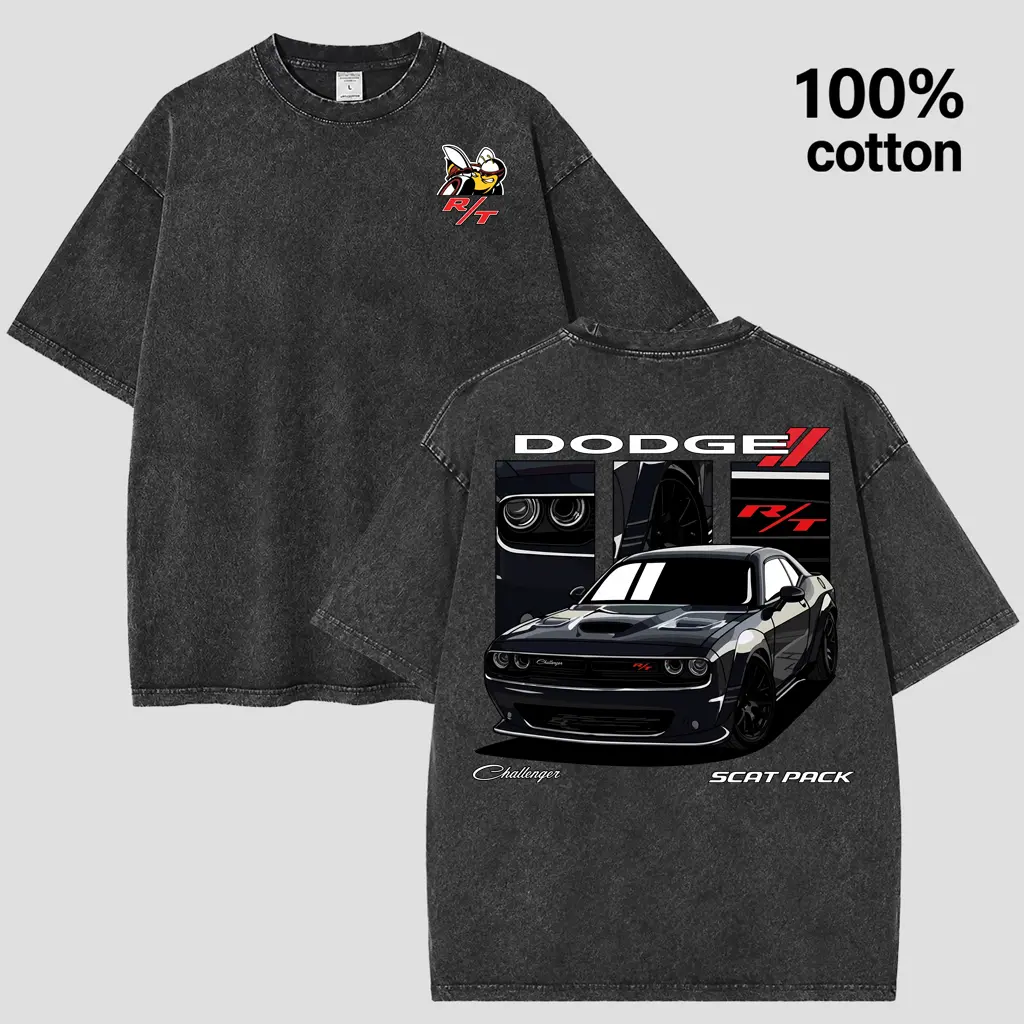 Vintage Acid Wash 100% Cotton Oversized Graphic T-Shirt - Dodge Challenger Scat Pack R/T