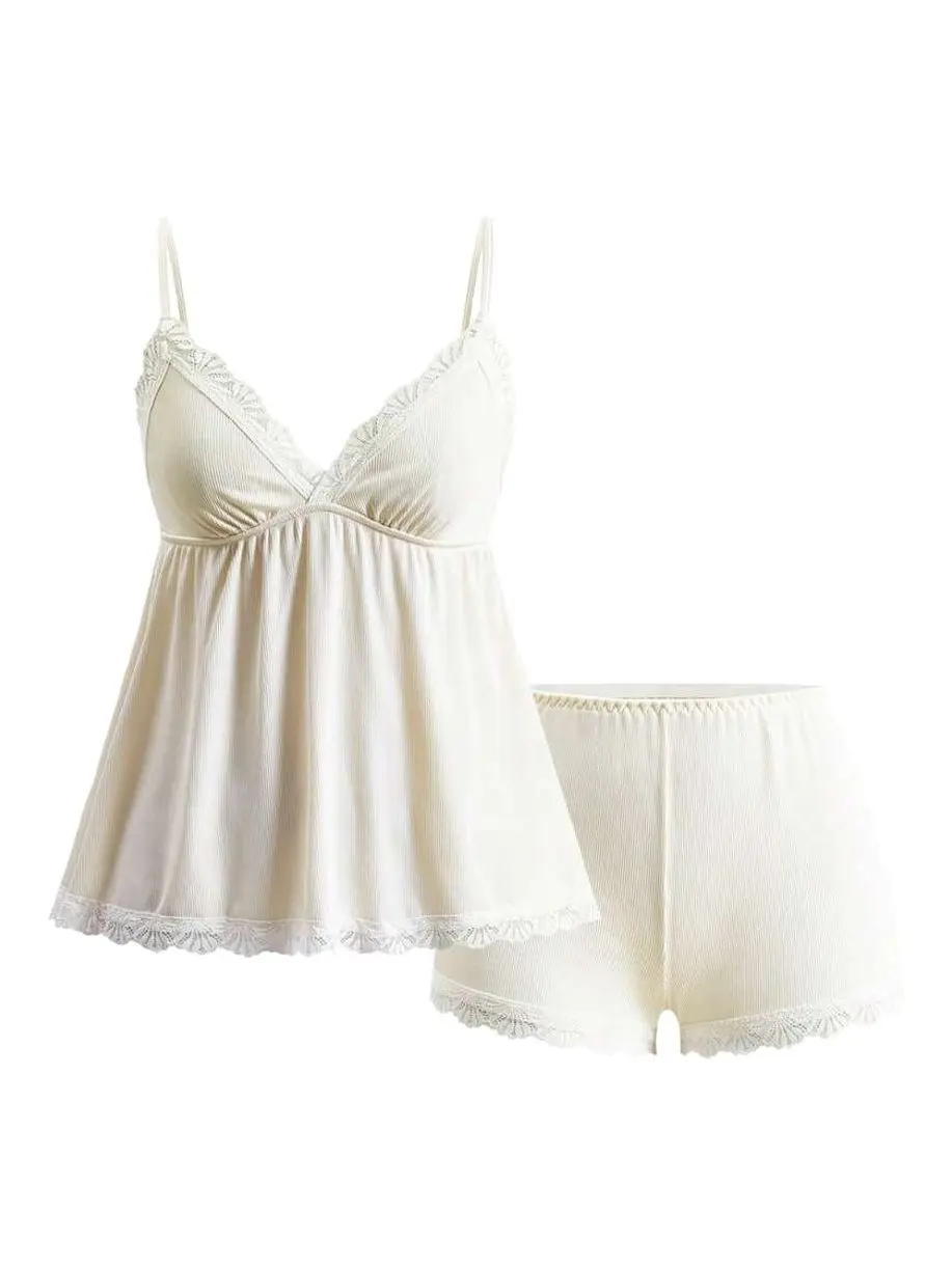 Women's Ribbed Lace Trim Cami Pajama Set - Sleeveless Camisole & Elastic Waist Shorts Soft Sleepwear Loungewear