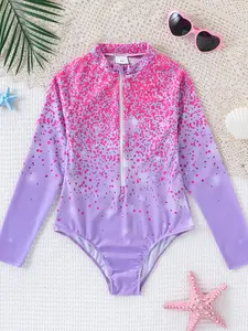 Girls' Blue Polka Dot Long Sleeve Zipper One-Piece Swimsuit, Soft High Stretch Quick Dry Beach Pool Swimwear