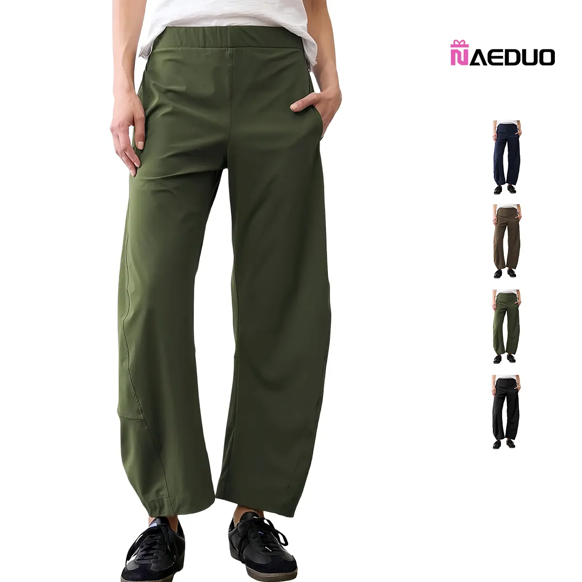 Naeduo Women's Aesthetic Mid-Rise Flat Barrel Pants - Lightweight Spandex-Nylon Elastic Waist Tapered Baggy Trousers with Pockets for Everyday Casual, Work Wear, Seamless, Bottom, Basic, Bottoms, Casual Fit Trousers, Tapered Pants