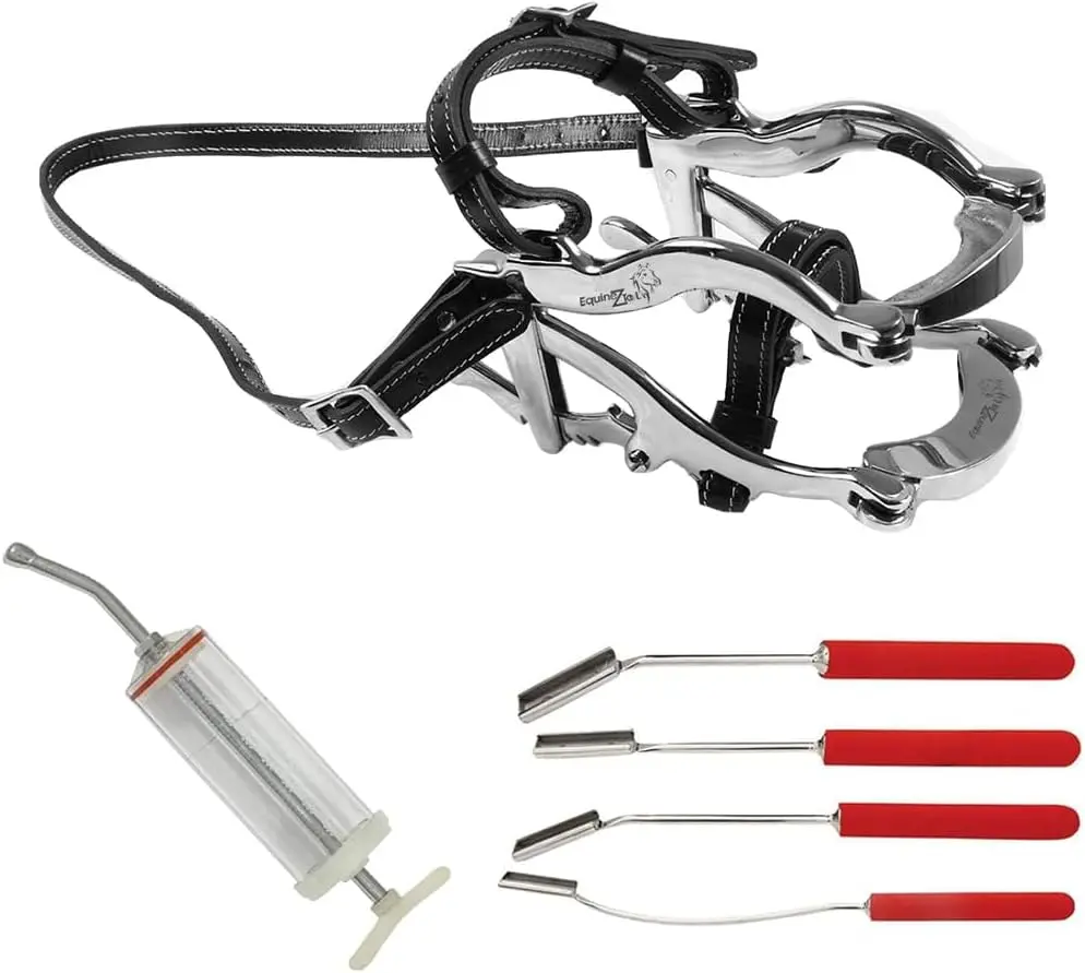 Equine Dental Speculum 6-Ratchet Stainless Steel with 4-Piece Horse Dental Float Set & 400mL Plastic Dose Syringe – Complete Horse Dentistry Kit for Equine Oral Care, Veterinary Use, Floating Teeth