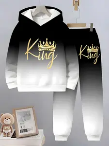 Boys' Fashion Crown Pattern 3D Printed Casual Hoodie Set, Long Sleeve Sports Wear, Spring Fall Winter Outdoor Hoodies