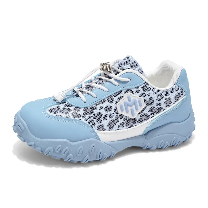 Chunky Platform Sneakers – Light Blue & Leopard Print Fashion Trainers, Comfortable Streetwear Shoes with Quick Laces