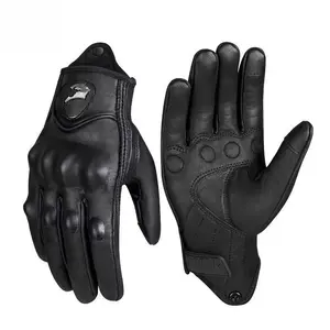 Unisex Leather Motorcycle Gloves - Full Finger Retro Cruiser Style, Breathable Year-Round Protective Riding Gloves