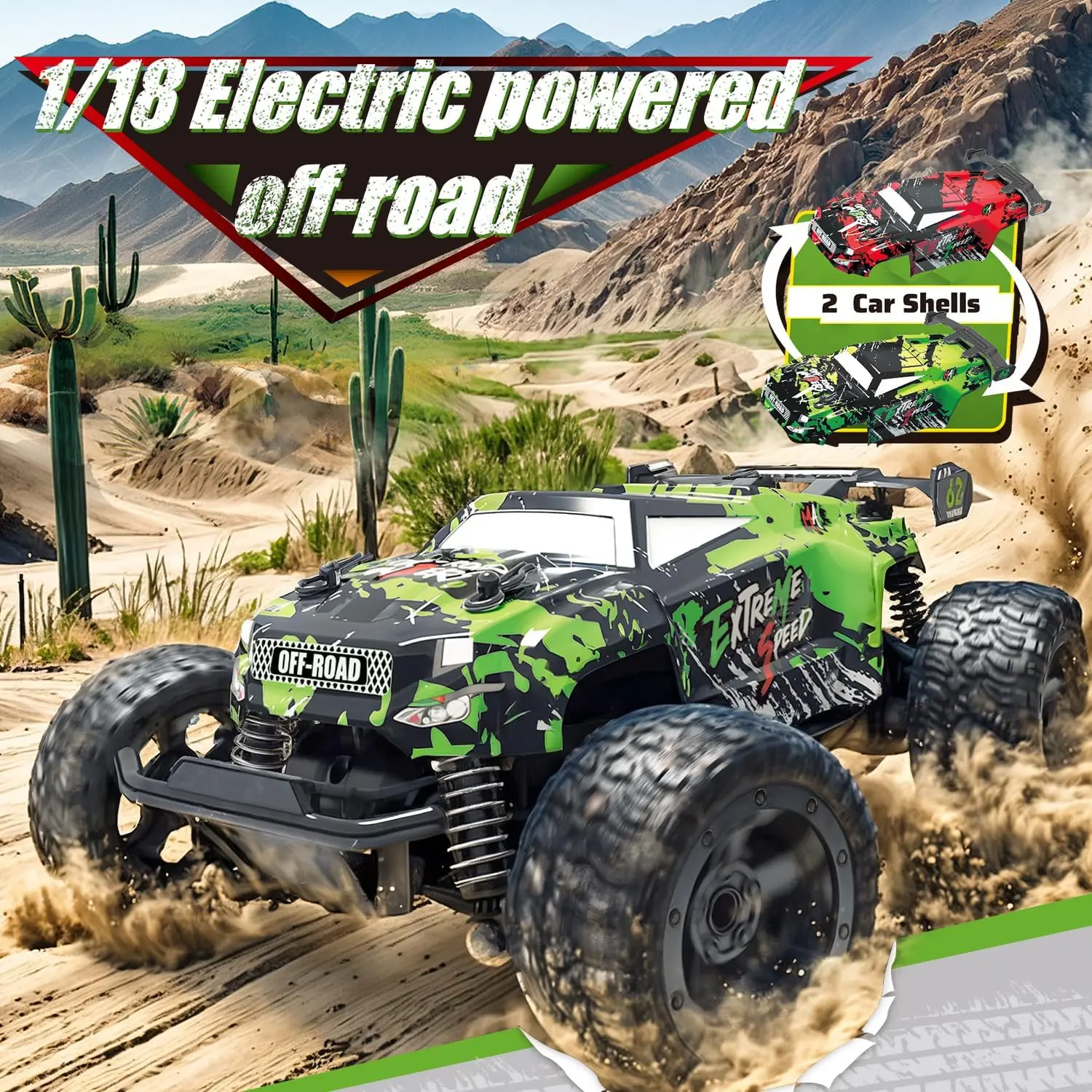 Double Shell Rc Cars 1:18 All Terrain RC Car For Adults & Boys, 4WD Off-Road RC Truck High Speed Fast, 4X4 Waterproof Remote Control Car With 2 Rechargeable Batteries For 40 Min Play Best Gift For Kids And Adults （ Green & Red）
