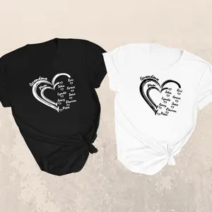 Personalized grandma and mom heart shirt with names, custom family love graphic tee for women, premium cotton aesthetic t-shirt for birthdays and christmas, soft everyday comfort tshirt for grandmother from grandkids