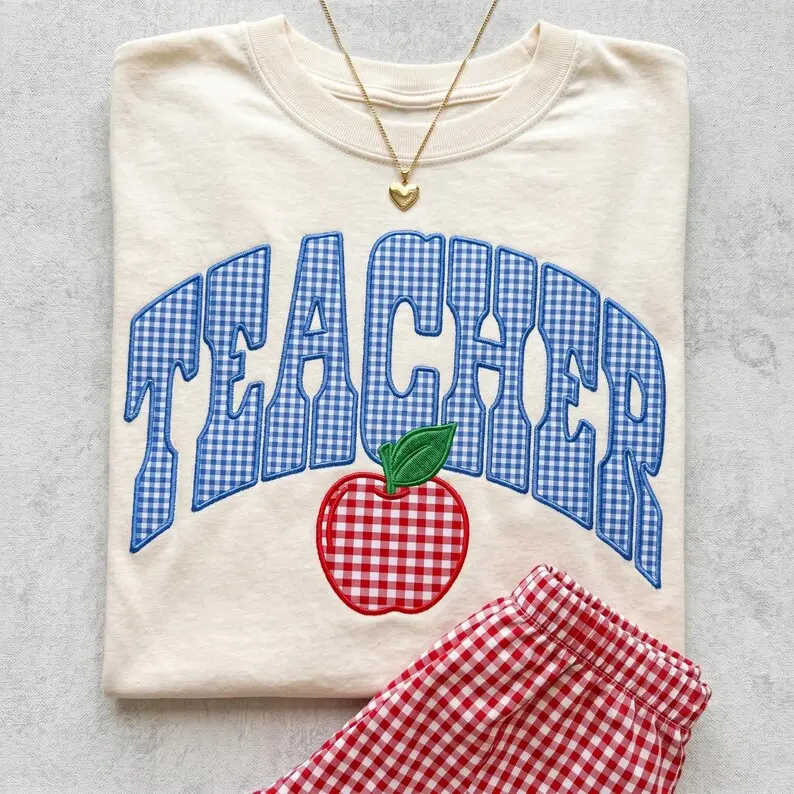 Comfort Colors PRINTED Teacher Applique TShirt, Gingham Teacher T-Shirt, Apple Patch Tee, Back To School Teacher Gift, Preppy Teacher Tee