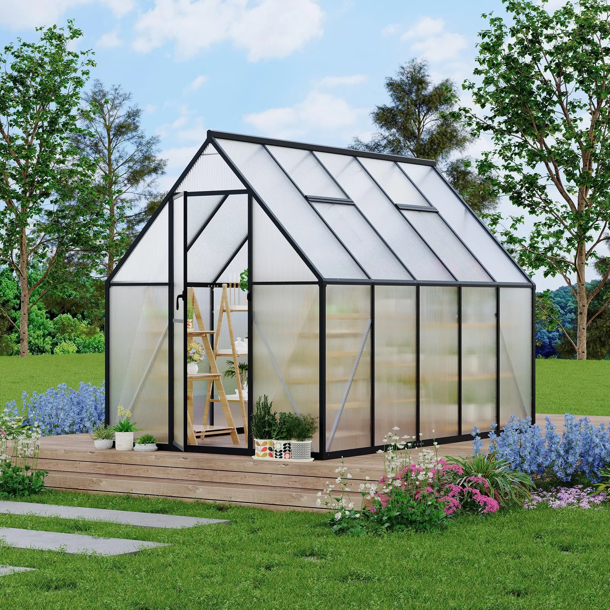 Garvee Greenhouse 6×9 FT with Roof Vent, Heavy-Duty Aluminum Frame & Polycarbonate Panels, Walk-in Greenhouse for Outdoors Backyard Gardening