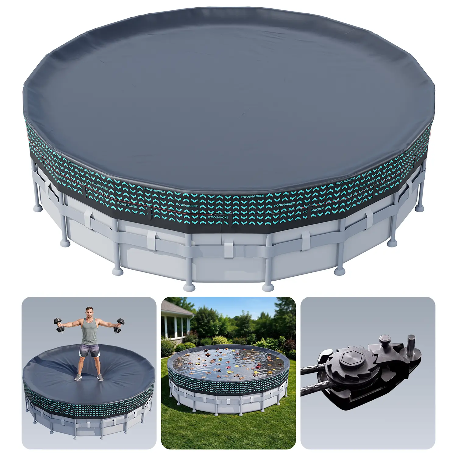 Above Ground Pool Cover 12FT/15FT/18FT/21FT/24FT/28FT/30FT Round -  Windproof Swimming Pool Cover with Steel Cable & Pulley Tightening System,Fits Metal Frame Pools, UV Resistant