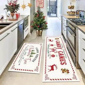 Christmas Candy Gingerbread Man Striped Kitchen Mats Set, Soft Velvet Floor Mat, Winter Farmhouse Decor, Dining Room Rug, Christmas Gift