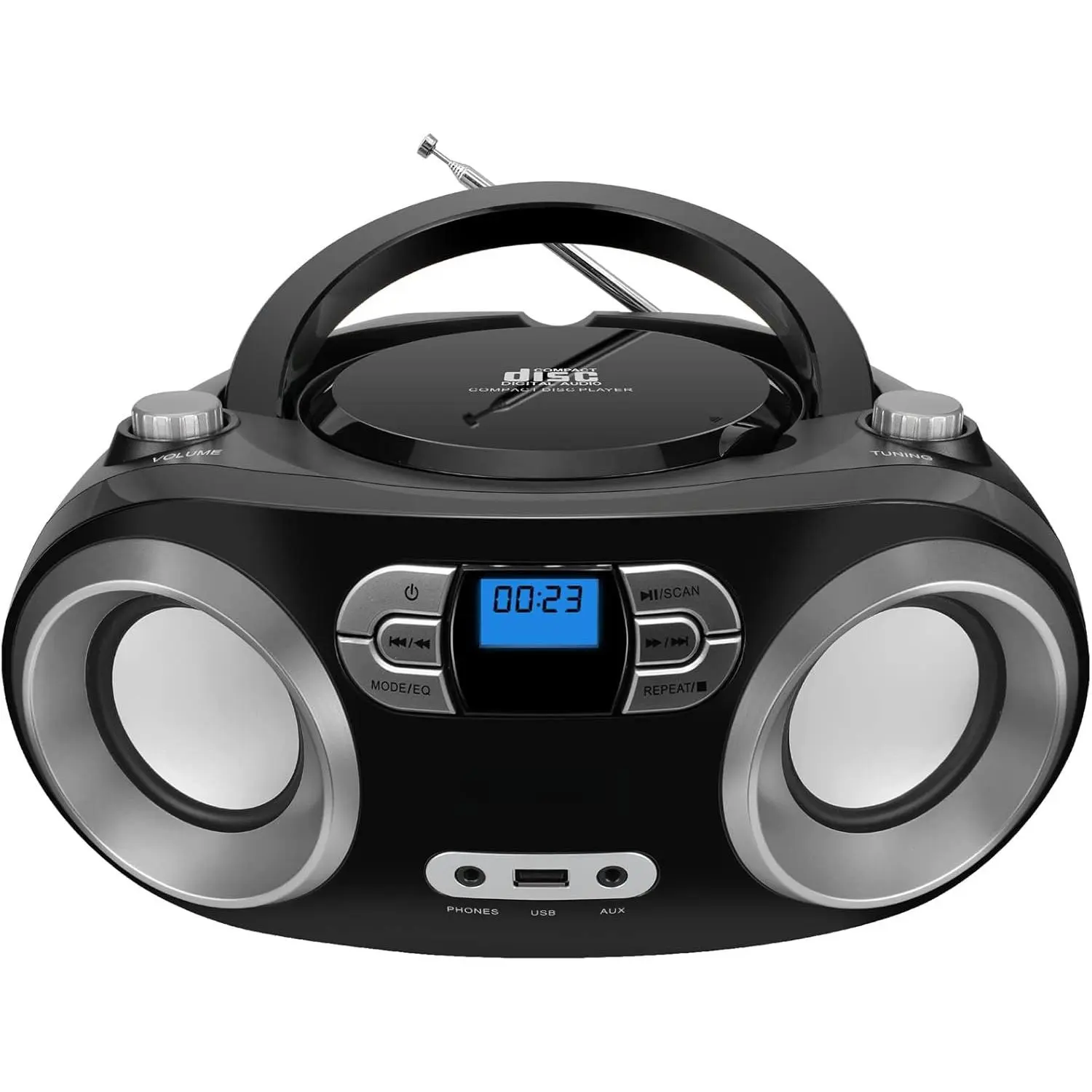 Portable CD Player Boombox with FM Radio, , USB Port, AUX Input, and Headphone Jack - CD-R/CD-RW/MP3-CD Compatible, Clear Stereo Sound, Backlit LCD Display - Black