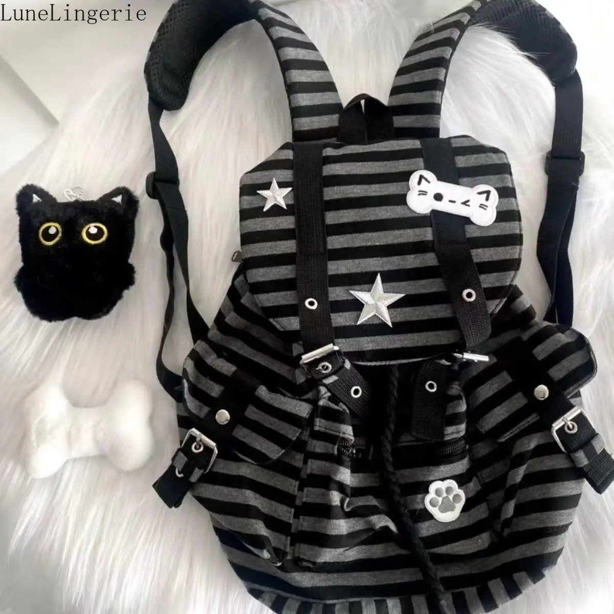 LuneLingerie Punk-Style Multi-Pocket Water-Resistant Durable Large-Capacity Unisex Backpack with Cat Paw Print, Bone, Star, Colorblock, Striped Designs - Backpacks for School, Commuting