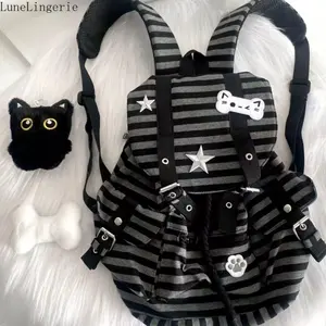 LuneLingerie Punk-Style Multi-Pocket Water-Resistant Durable Large-Capacity Unisex Backpack with Cat Paw Print, Bone, Star, Colorblock, Striped Designs - Backpacks for School, Commuting