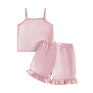 Baby Girl Clothes Satin Pajamas Set Toddler Girl Pink Silk Sleepwear Spaghetti Strap Tank Top Ruffle Shorts 2Pcs 6M 12M 18M 2T 3T PJs, Pants, Sleeveless