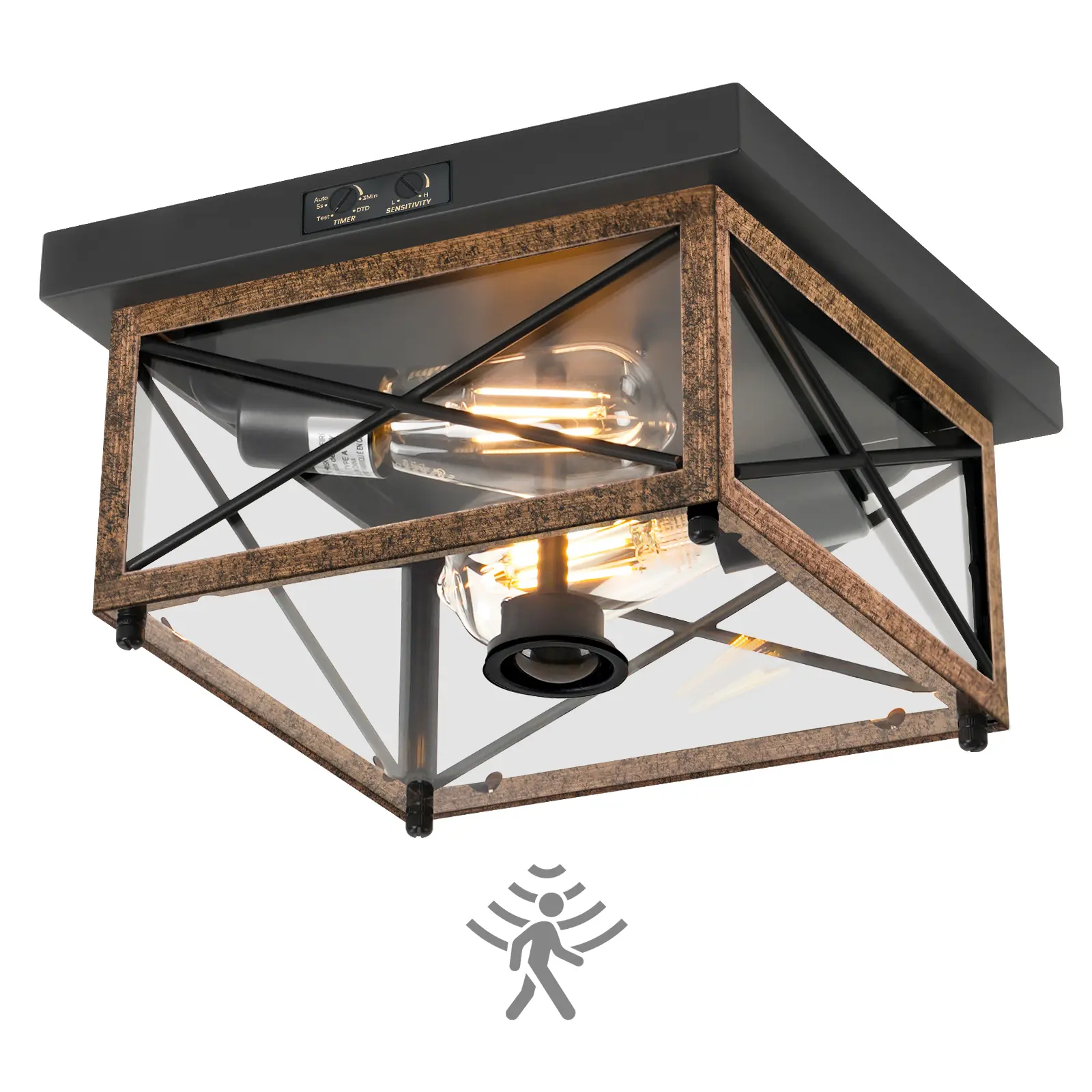 Outdoor Ceiling Light with Motion Sensor, Flush Mount Porch Ceiling Lights Outdoor, 2-Light Farmhouse Metal Close to Ceiling Light Fixture for Patio, Hallway, Garage, Rustic Brown