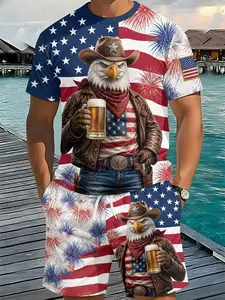 Men's 3D Digital Print Two-Piece Set, Denim Eagle Fireworks Carnival Outfit, 2Pcs, Trendy Fashion Suit, Retro Casual Two-Piece Outfit, Vacation-Style Trendy Wear, Breathable Sports Casual Style, Perfect Festival Gift for Men
