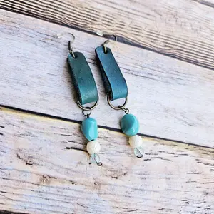 Handcrafted Teal & Brick Red Leather Dangle Earrings with Beads