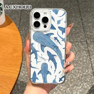 Girly Magnetic Case for iPhone11/12/13/14/15/16/17/promax, Blue Sharks Pattern MagSafe Ready, Slim Fit, Drop-Proof | Perfect for Soft Girl Aesthetic