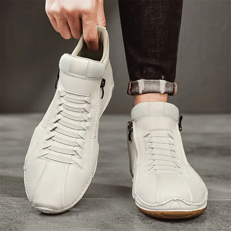 Men's Minimalist Plain Casual Ankle Height Boots - Solid Ivory White PU Fabric, Round Toe, Lace-Up Front, Side Zipper, Slip-On Design, Cushioned Insole, All-Terrain Rubber Sole, Closed Footwear