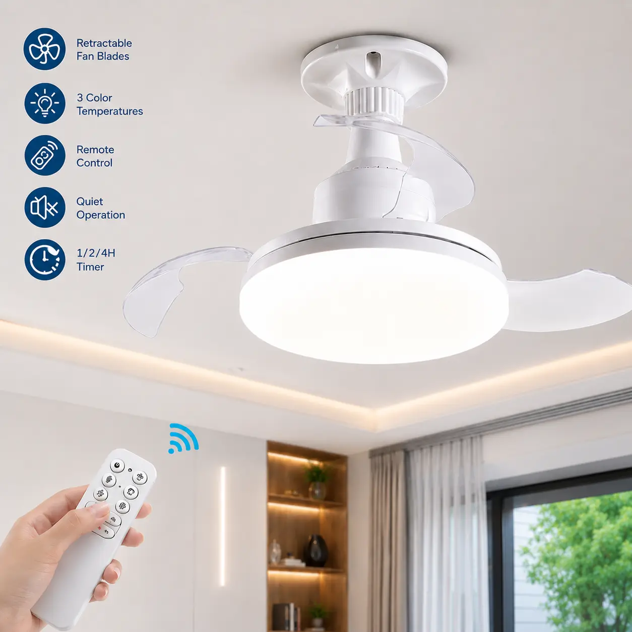 Ceiling Fans with Lights Remote Control, Retractable Fan Light, 3 Light Color Lighting Low Profile Flush Mount Modern Ceiling Fan for Kitchen Bedroom
