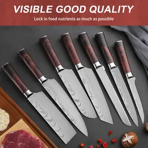 7pcs, knife set, Damascus knife set, fruit knife, peeler, vegetable knife, chef's knife, kitchen chef's knife, meataver, boning knife, portable knife for home, outdoor camping dormitory, kitchen utensils. outdoorfun