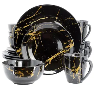 Elama 16-Piece Fine Marble Porcelain Tableware Set, Black with Gold Veining - Includes Plates and Bowls (Model EL-FINEMARBLE-BK-GLD)