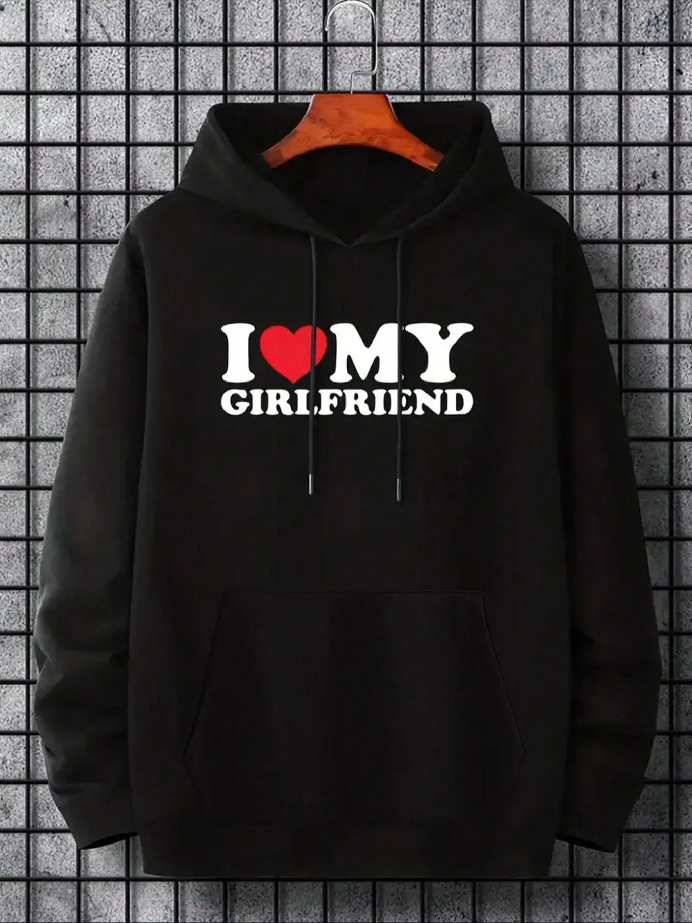Men's Slogan Heart Graphic Long Sleeve Hoodie, Casual Regular Fit "I Love My GF" Print Drawstring Sweatshirts, Men's Clothes for Spring Fall Winter