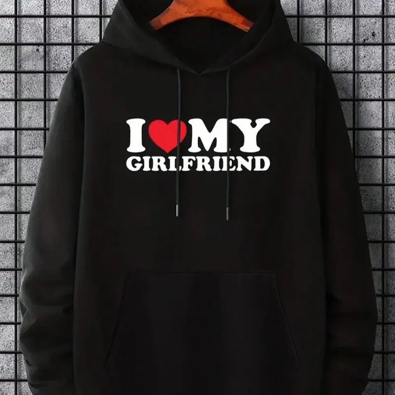 Men's Slogan Heart Graphic Long Sleeve Hoodie, Casual Regular Fit "I Love My GF" Print Drawstring Sweatshirts, Men's Clothes for Spring Fall Winter