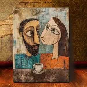 1 piece, 2D Flat Wooden Frame Canvas Wall Art Modern Abstract Art Ready to Hang, Pablo Picasso Couple Drinking Coffee, 29.97cm x 39.88cm, Canvas Wall Decoration for Bedroom and Living Room, LLPKH16861