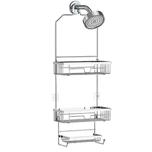 Over Shower Head Caddy, SUS201 Stainless Steel Hanging Shower Organizer with 3 Shelves & Hooks, Rustproof Bathroom Storage Rack for Shampoo, Soap, Razor & Bath Accessories, Silver