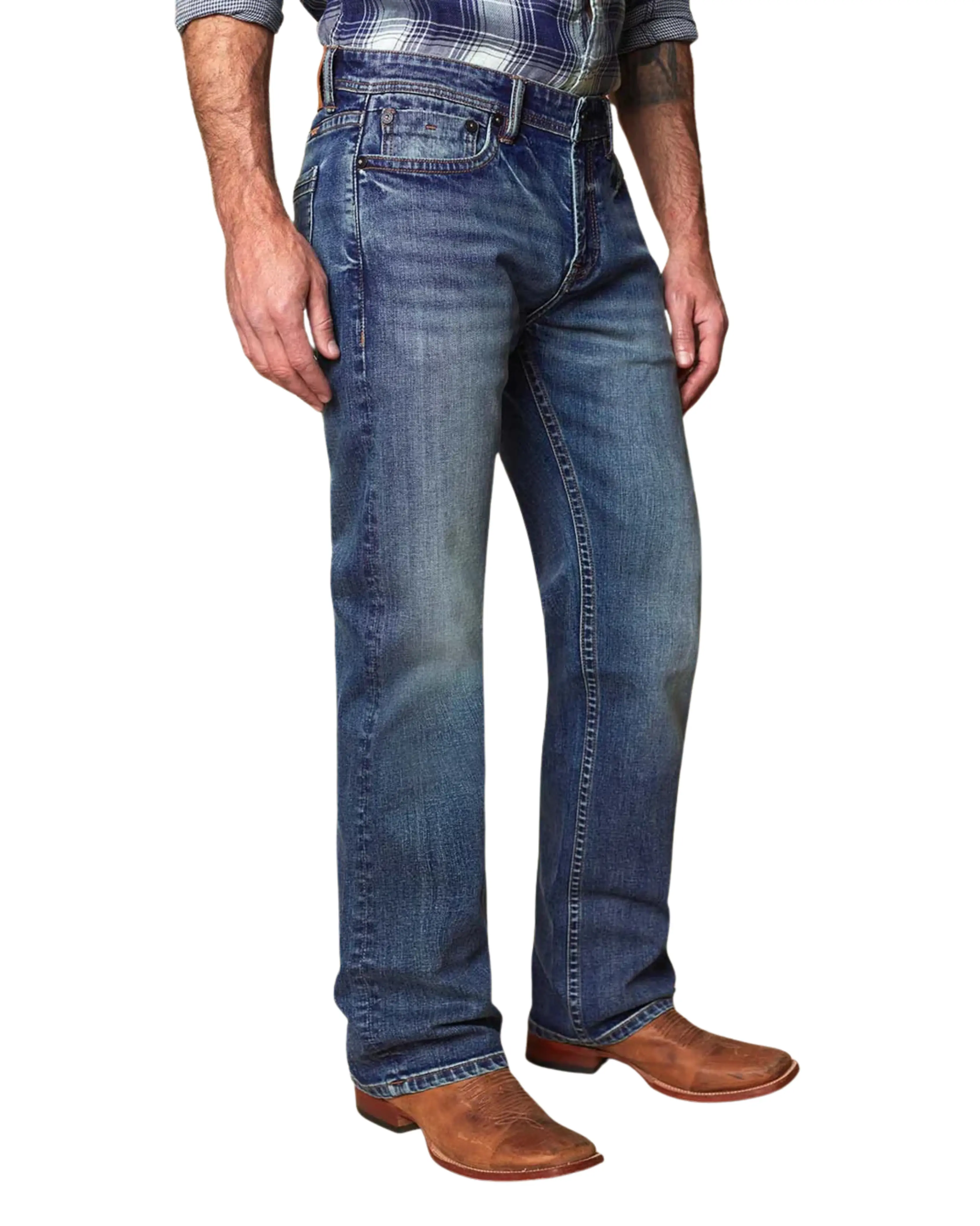 Men's Stretch Denim Straight-Leg Bootcut Jeans - 32" Inseam, Long Length, Clean Finish, Cold Wash Compatible
