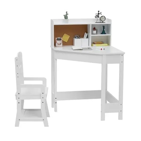 Kids Desk and Chair Set, Wooden Corner Study Table with Bookshelf, Bulletin Board, and Pen Holder, Writing Table for Boys and Girls, White