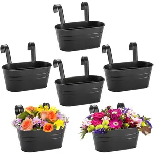 6 Pack Hanging Flower Pots, Metal Iron Hanging Planter  Pot Holders for Railing Fence Balcony, Black Hanging Bucket Pots Outdoor Porch Decors with Detachable Hooks and Drain Holes