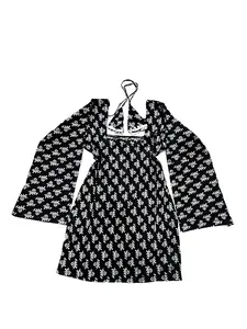 Full Sleeves Short Kurti in White Floral Pattern and Bow Detail for Women in Cotton Fabric