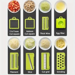 Grey 16-Piece Multi-Blade Fruit & Vegetable Chopper Set - Rust-Proof Kitchen Essential Cutter with 7 Diversified Blades, Container, Handheld Spiralizer, Mandoline for Salad, Carrot, Potato, 16-Pieces, Compact