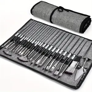 24-Piece Nylon Acrylic Paint Brush Set for Oil, Watercolor and Gouache, Includes Canvas Roll and Palette Knife for Artists, Watercolor Paint Brushes, Oil Painting