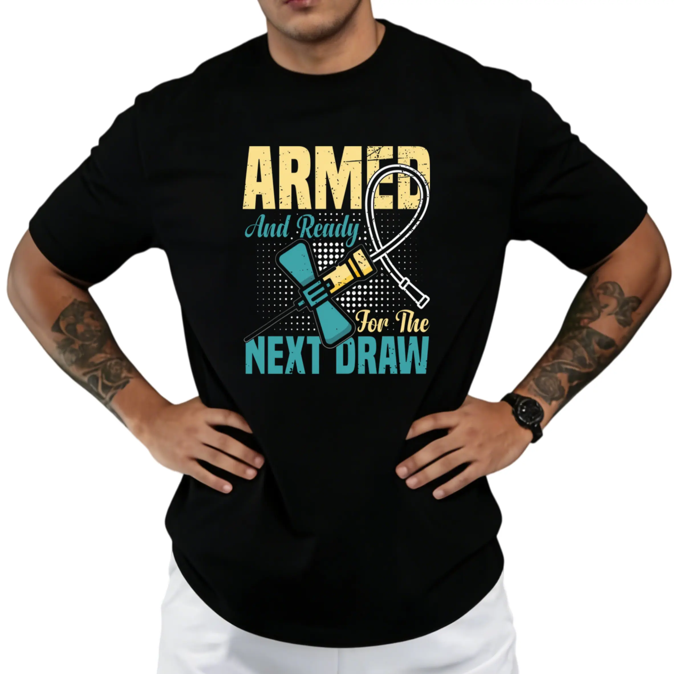 Women's 100% Cotton Phlebotomy Graphic T-Shirt - "Armed And Ready For The Next Draw" Design, Comfortable Casual Round Neck Phlebotomist Tshirt